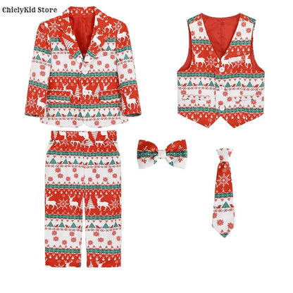 Boys Christmas Blazer Jacket Waistcoat Pants Wedding Suits Kids Morning Coat Formal Dress Children Tuxedos Toddler Clothes Sets