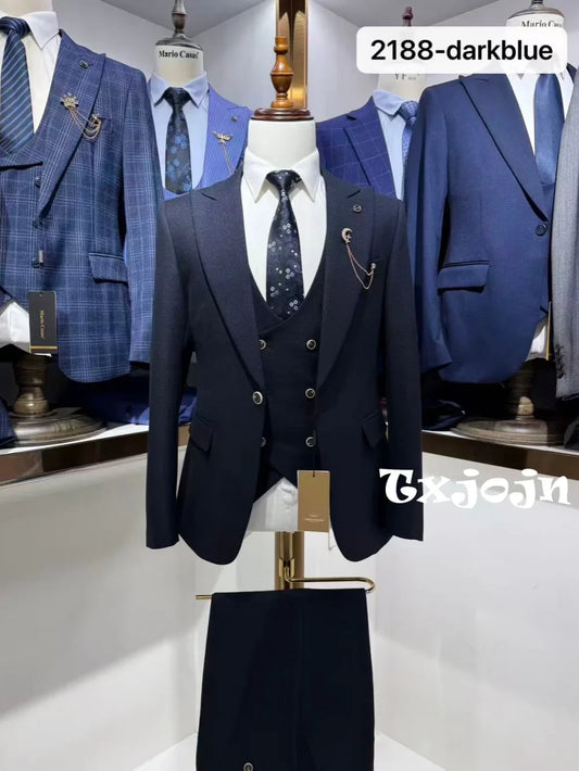 Dark Blue Men's Formal Suit Set 3 Pieces Business Office Wear Classy Peak Lapel Tuxedo Wedding Guest Clothes Fashion Suits
