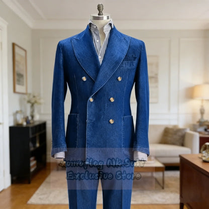 Men's Denim Suit Set Double Breasted Slim Fit Blazer and Trousers for Men
