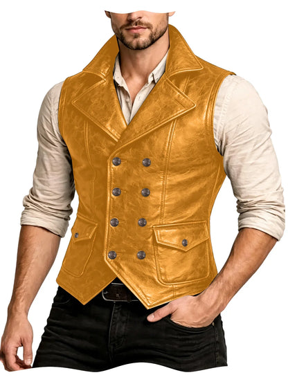 Men's Faux Leather Waistcoat Vintage Double Breasted Slim Fit Vest for Casual & Streetwear