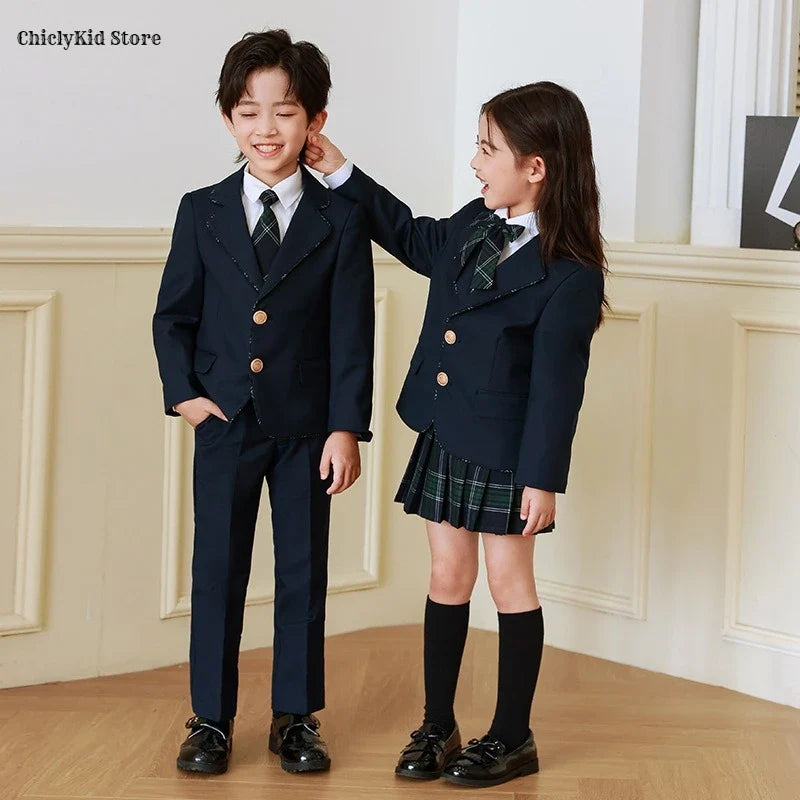 Children British School Uniforms Girls Preppy Jacket Pleated Skirts Boys Blazers Pants Suits Kids Teenage Student Clothes Sets