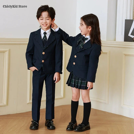 Children British School Uniforms Girls Preppy Jacket Pleated Skirts Boys Blazers Pants Suits Kids Teenage Student Clothes Sets