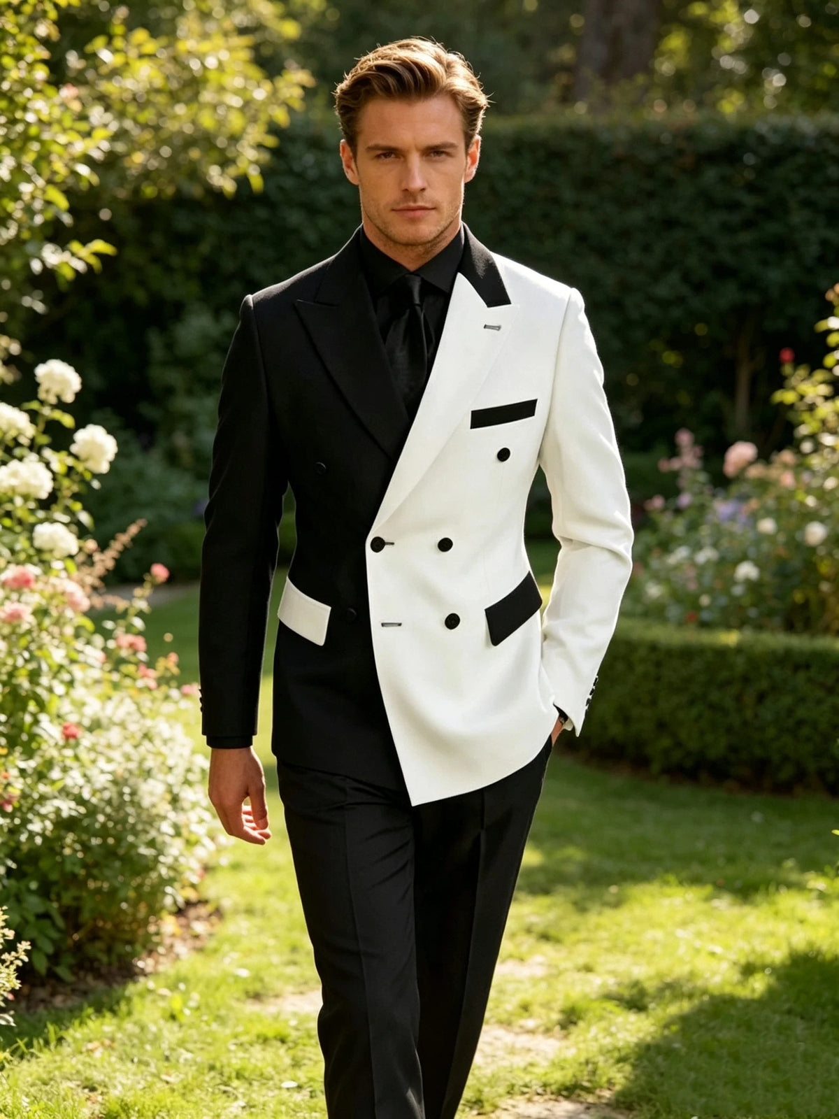 2 Pieces Black White Men's Double Breasted Suit Peak Lapel Blazer Pants Wedding Concert Birthday Party Prom Suits Groom Tuxedos