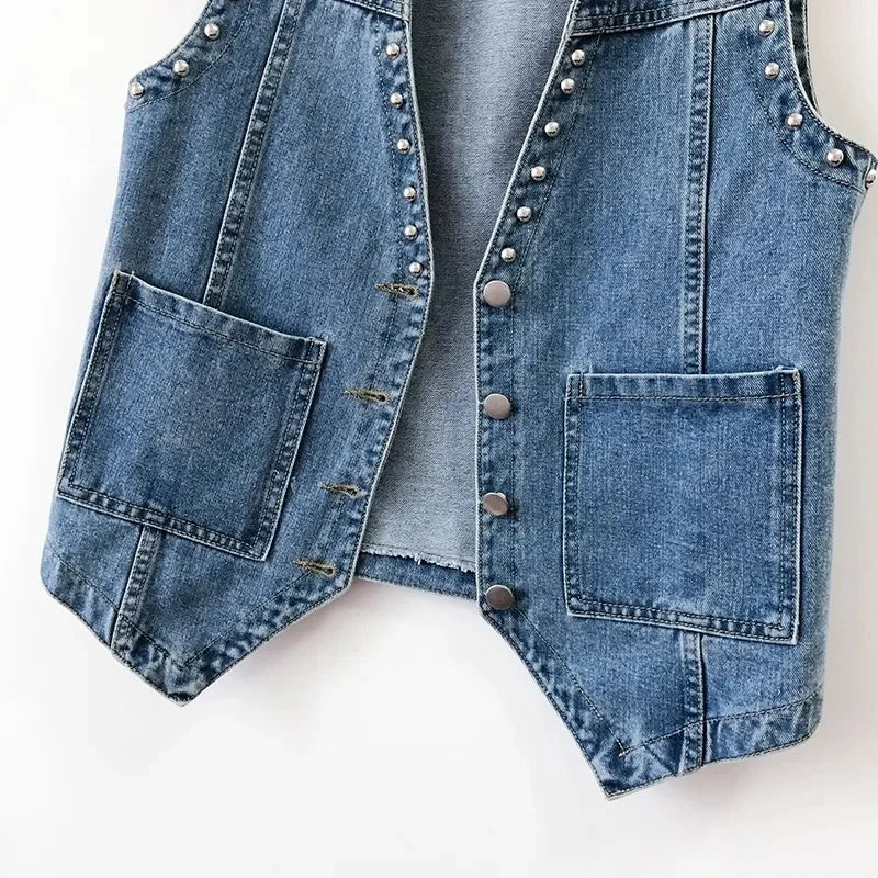 2023 Spring Summer Denim Jacket V-neck Women Vest Coat Female Rivet Sleeveless Short Jeans Jackets Cowboy Waistcoat