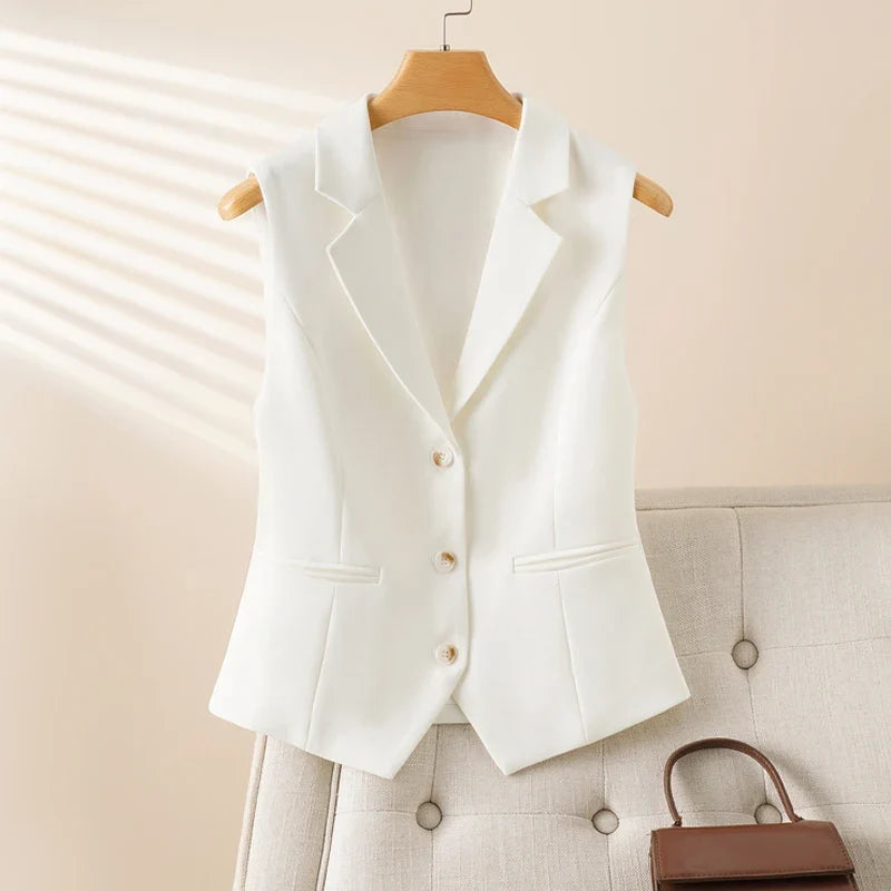 Fashionable White Short Suit Collar Vest for Women, Spring & Fall Style, Workplace Elegant, Slim and Versatile Sleeveless Vest t