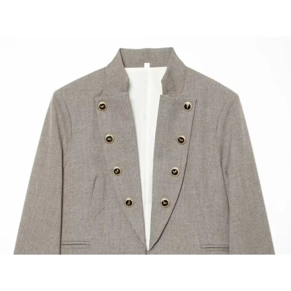 Elegant Women Tailored Blazers with Lapel Buttons New in Fitted Blazer with False Double Welt Pockets Spring Taupe Brown Outwear