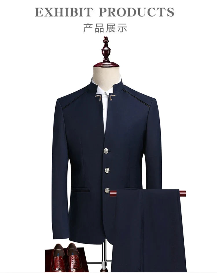 Suit (Blazer+ Pants) Men's Fashion Gentleman Business Outdoor Standing Collar Gentleman Wedding Work Casual MAO Suit
