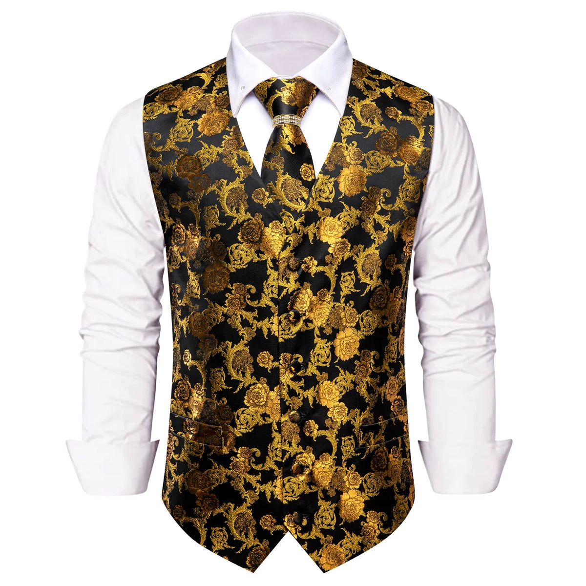 Men's V-Neck Vest Matching Kit | Black Gold Floral Jacquard | Wedding & Celebration