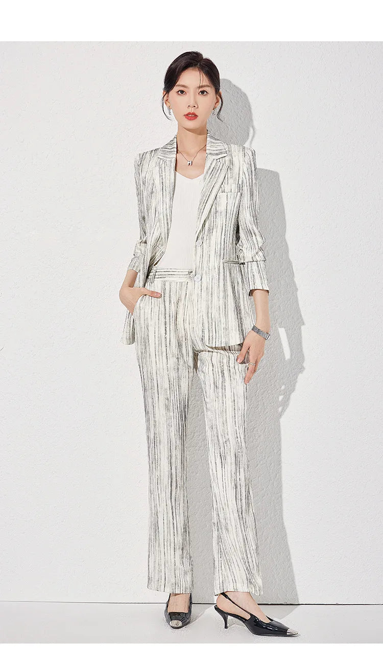 Fashion Women Striped Pants Suit New Spring Business Formal Slim Long Sleeve Thin Blazer and Trousers Office Ladies Work Wear