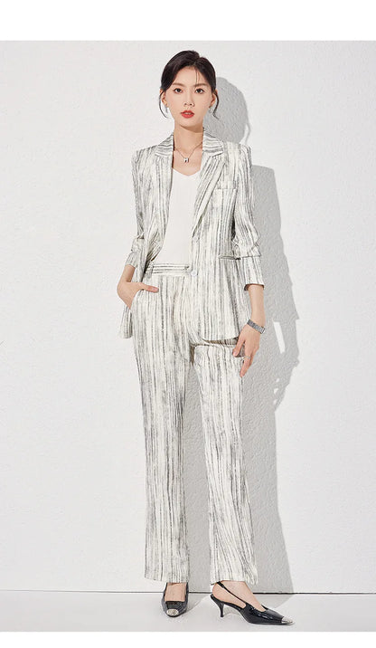 Fashion Women Striped Pants Suit New Spring Business Formal Slim Long Sleeve Thin Blazer and Trousers Office Ladies Work Wear
