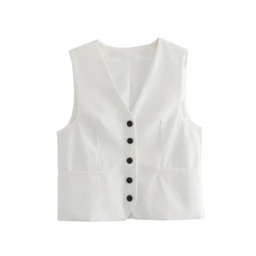 Women Fashion Front Button Linen Blend Waistcoat Vintage V Neck Sleeveless Female Outerwear Chic Vest Tops