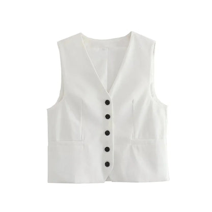 Women Fashion Front Button Linen Blend Waistcoat Vintage V Neck Sleeveless Female Outerwear Chic Vest Tops