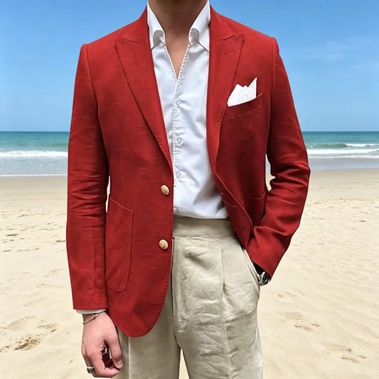 Men's Linen Cotton Suit Single Breasted Peak Lapel Slim Fit Groom Wedding Suit