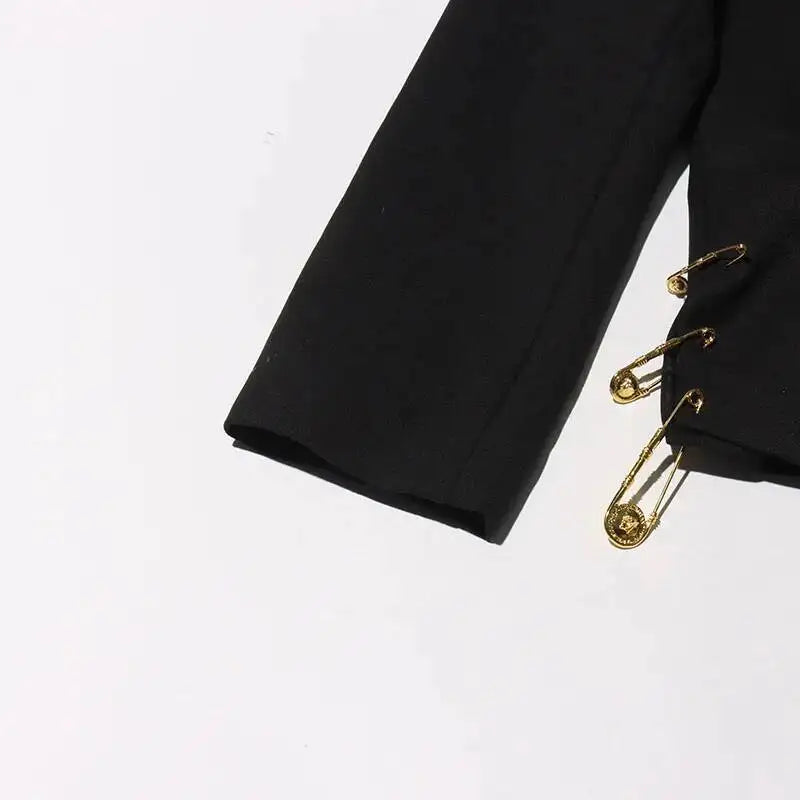 Autumn New Women Chic Blazer Asymmetrical Pin Design Single Button Slim Fit Elegant Fashion Office Lady Stylish Coat HK9876