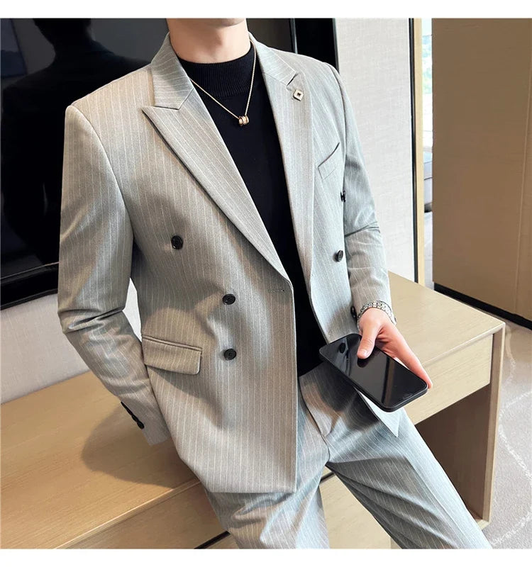 (Jacket + Vest + Pants)Three Piece Set Men Blazers Set stripe Suits Busines Casual Slim Fit Formal Dress Groom Tuxedo Wedding