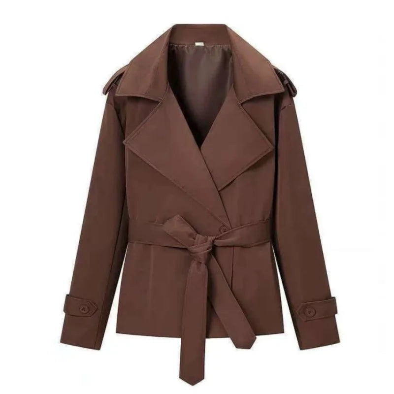 Solid Lapel Lace Up Jacket Elegant Chic Full Sleeve Button Loose Long Coat Women Office Lady Daily Commute Overcoat Windbreaker