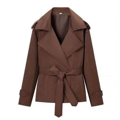 Solid Lapel Lace Up Jacket Elegant Chic Full Sleeve Button Loose Long Coat Women Office Lady Daily Commute Overcoat Windbreaker