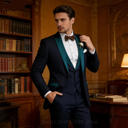 Navy Blue Peak Lapel 3 Piece Men's Tuxedos Fashion Single Breasted Formal Men's Clothes Smart Casual Wedding Party Prom Tuxedos