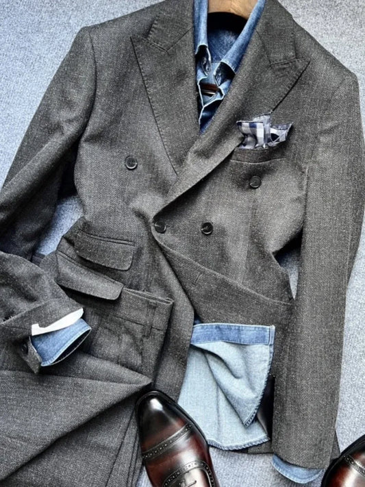 Men's Suit Two-Piece Set Double-Breasted Slim Fit Smart Casual Blazer and Pants