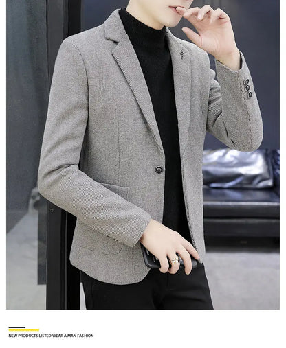 Blazer: An Outdoor Fashion Business Gentleman Pure Color Wedding Host Slim-fit Casual Korean-style Versatile Men Fleece Blazer