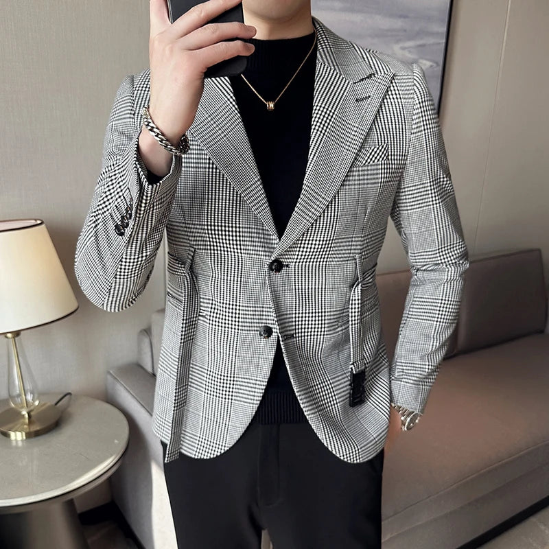 2025 Autumn Winter Classic Checkered Suit Jacket for Men Belt Decoration Slim Fit Casual Business Blazers Social Party Jacket