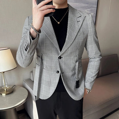 2025 Autumn Winter Classic Checkered Suit Jacket for Men Belt Decoration Slim Fit Casual Business Blazers Social Party Jacket