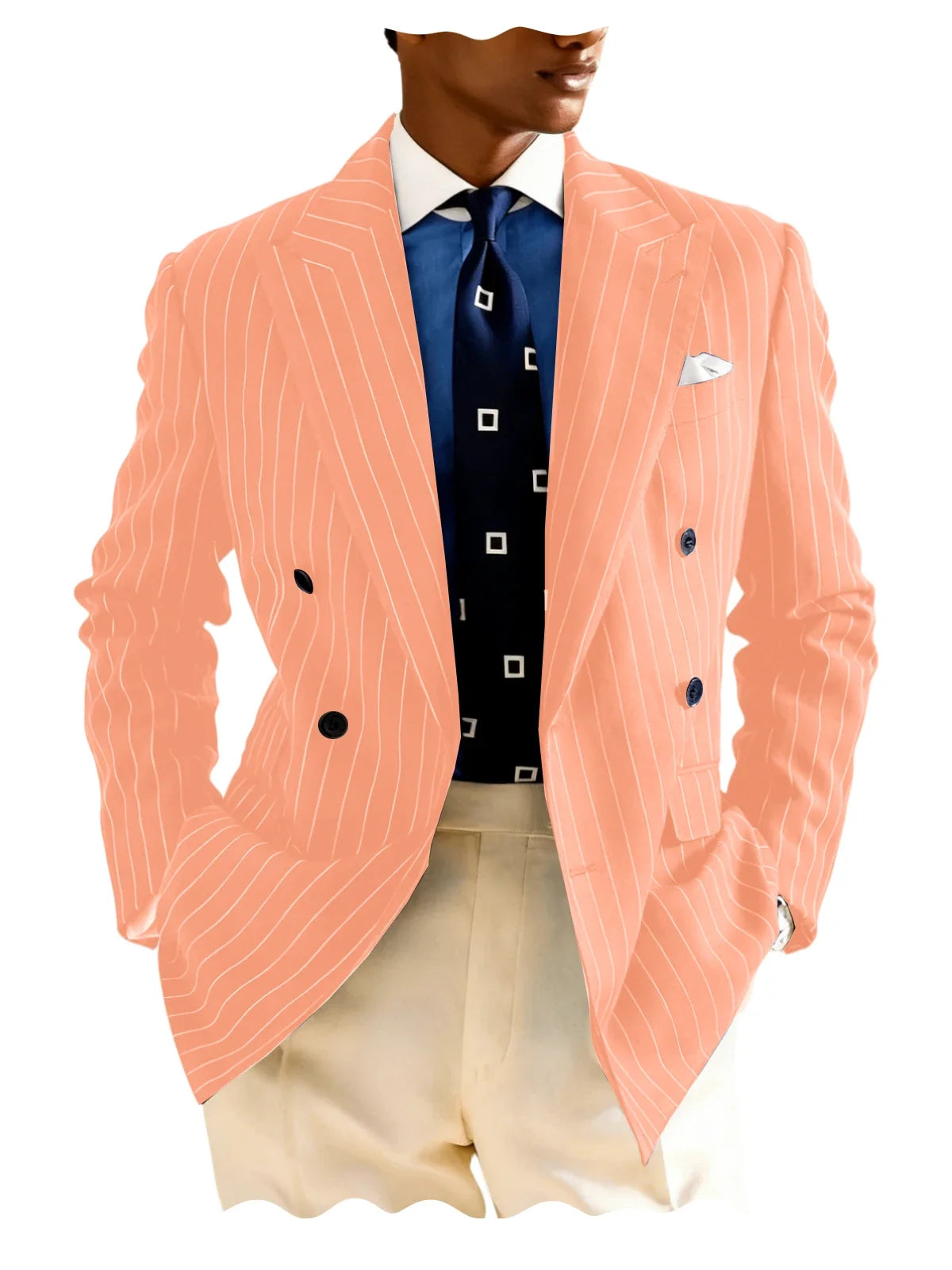 Men's Pinstripe Double Breasted Blazer Classic Peak Lapel Slim Fit Striped Suit Jacket For Party Prom Business Formal Coats
