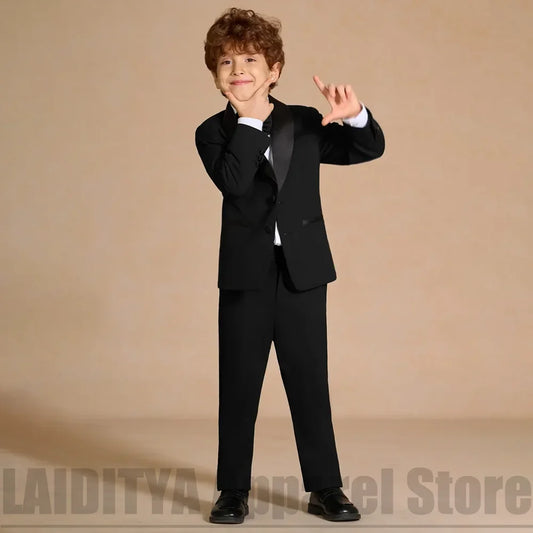 Boys Black Tuxedo 2 Piece Suit Satin Shawl Lapel Blazer Pants Kids Formal Wedding Party Piano Performance Flower Boy Outfit