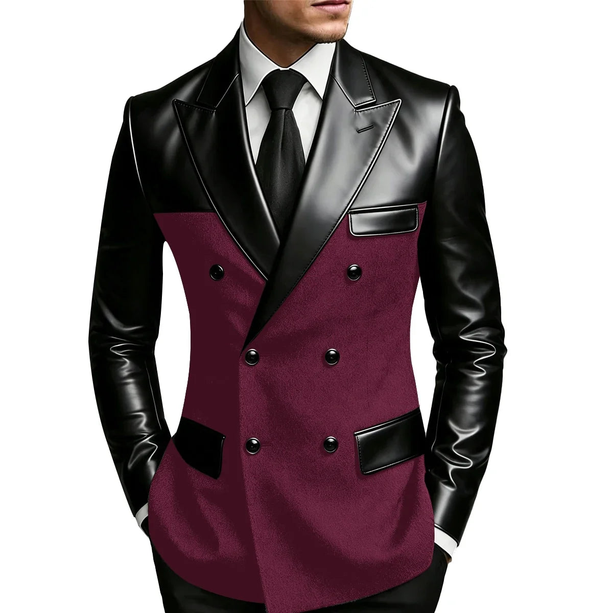 Men's Double Breasted Suit Blazer with Leather Patchwork for Weddings and Formal Events