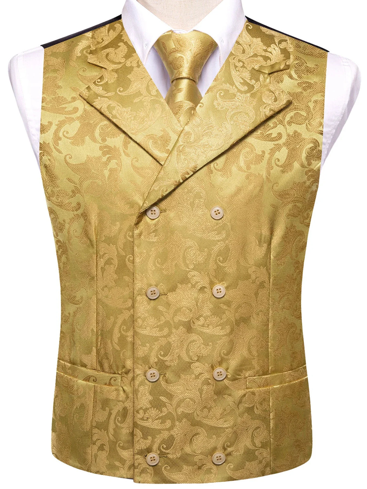 Men's Floral Jacquard Waistcoat Set – Golden Yellow Red Single Breasted Vest for Tuxedo, Gala & Special Occasions