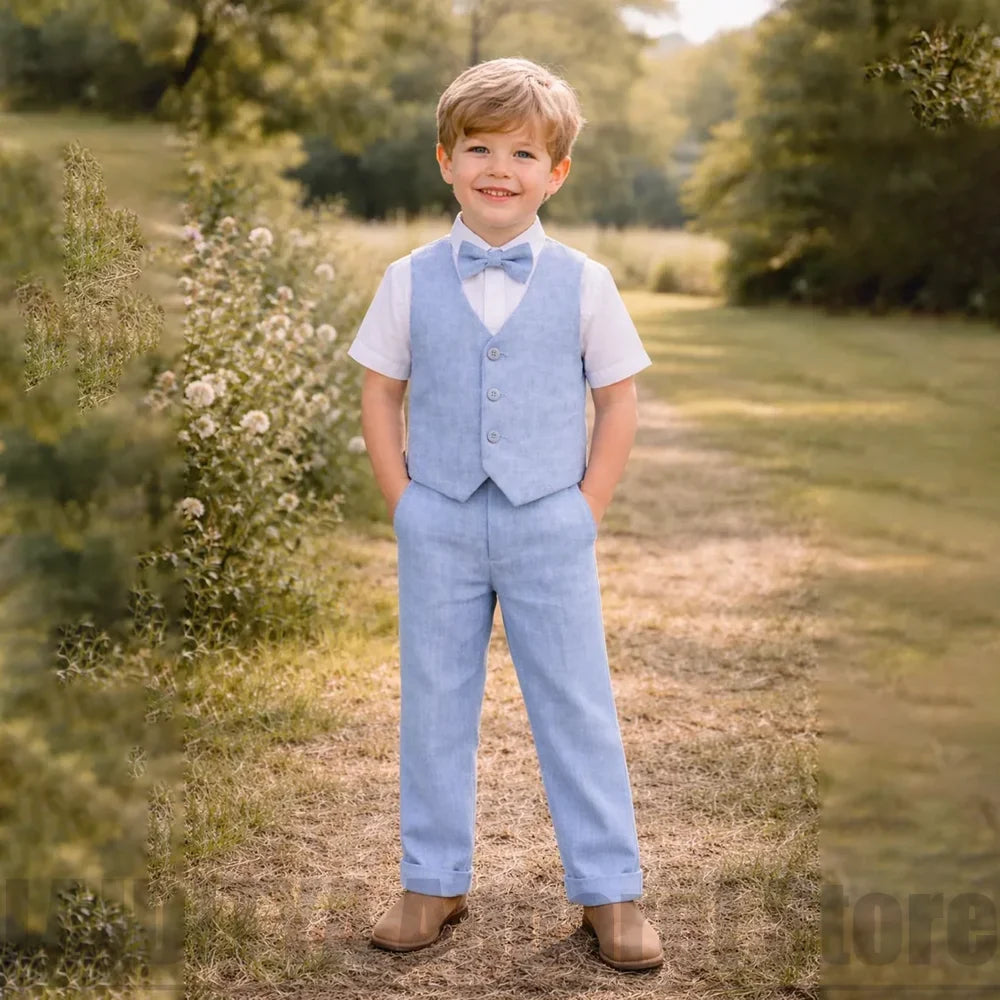 Chic Linen Boys Vest Pants Suit Summer Wedding Page Boy Outfit Fashion Birthday Formal Daily Casual Children's Suit 2 Piece