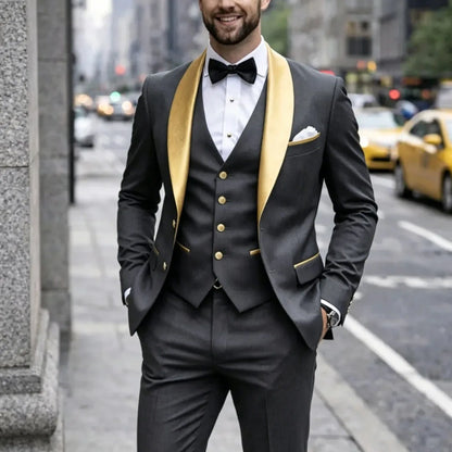 Men Suit Dark Green 3 Piece With Gold Lapel Single Button For Wedding Birthday Banquet Party Business Work Jacket Vest Pants