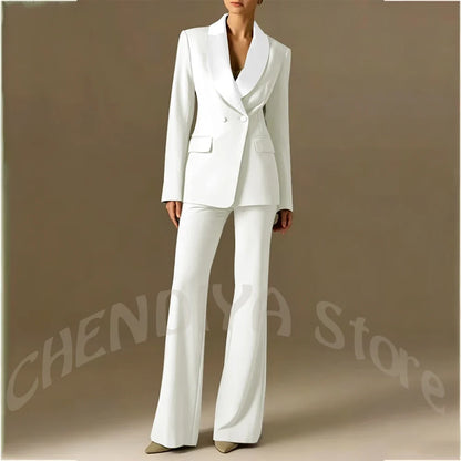 Classic Shawl Lapel Suit For Women Elegant Double Breasted Outfit Solid Color Two Piece Straight Modern Style Office Wear