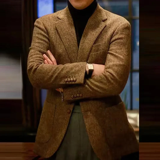 Men's Herringbone Tweed Blazer Wool Blend Notch Lapel Slim Fit 2-Button Business Casual Sport Coat