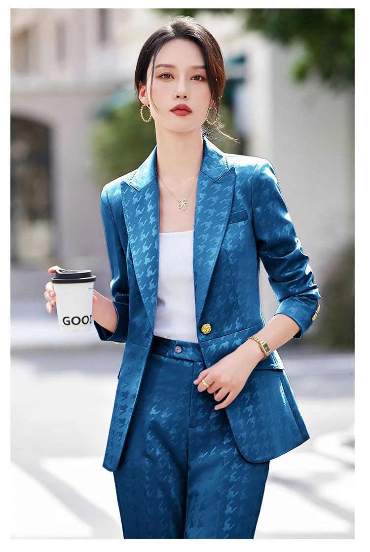 Fashion Ladies Formal Pant Suit Women Houndstooth Single Button Jacket And Trouser Female Business Work Wear 2 Piece Blazer Set