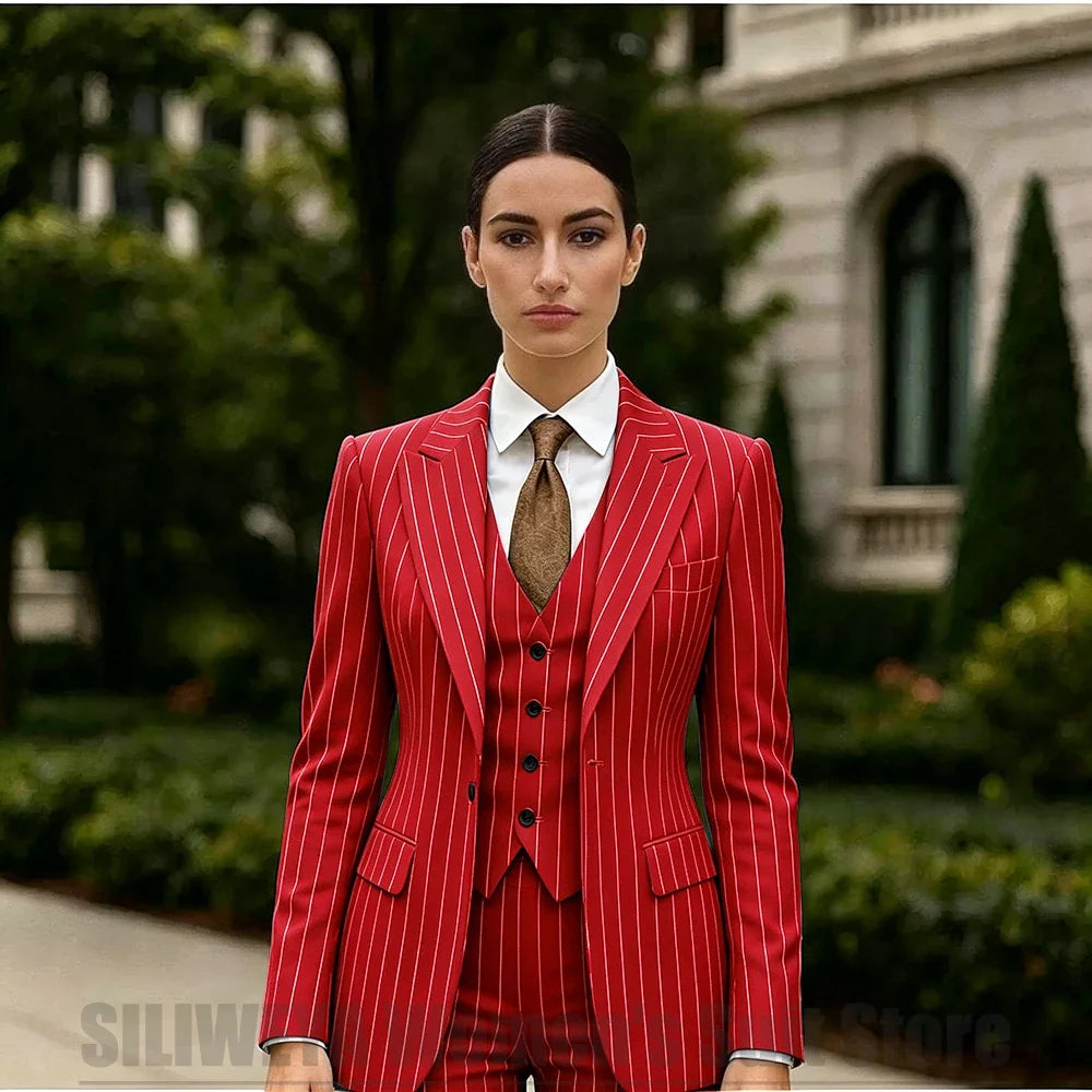 White Striped Women Suit 3 Piece Chic Peak Lapel One Button Blazer Vest Pants Formal Office Business Wedding Party Wear