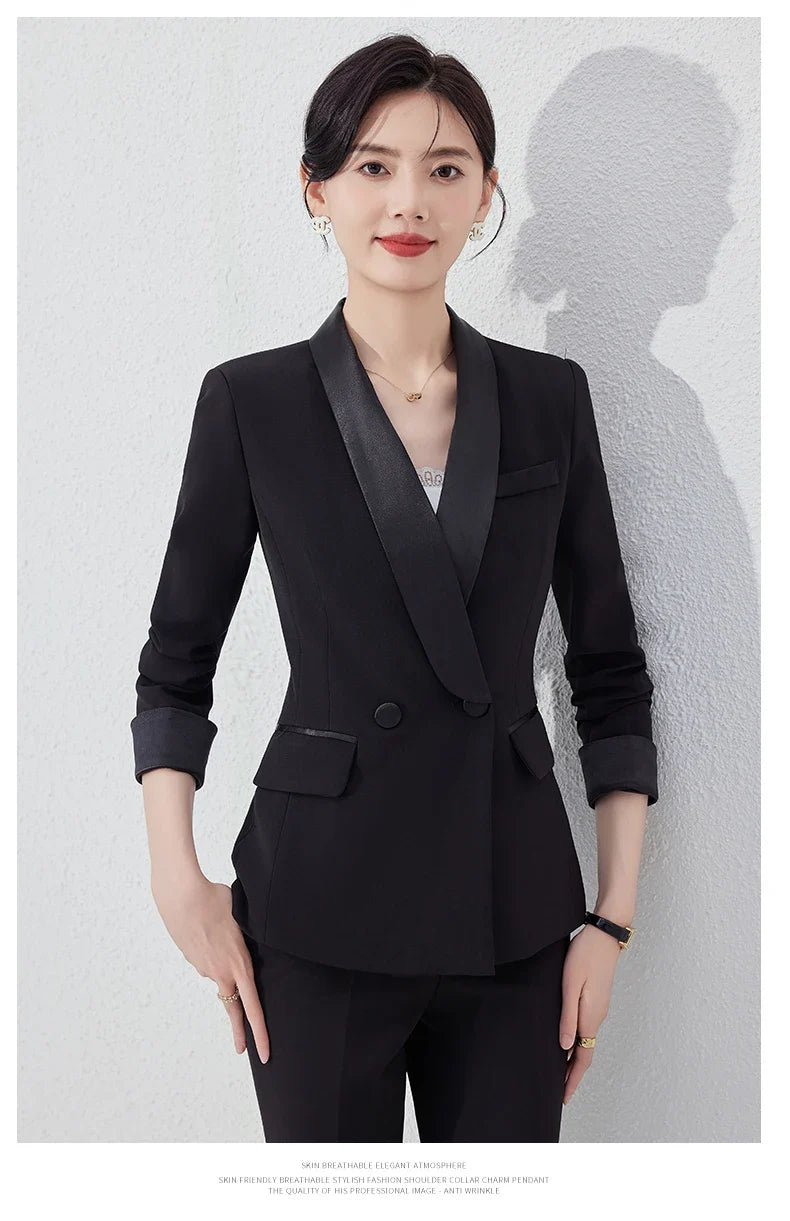 Autumn New Women's Pants Suit 2 Piece Clothing Set Elegant Chic Color Block Blazer Jacket and Trousers Sets Red Formal Work