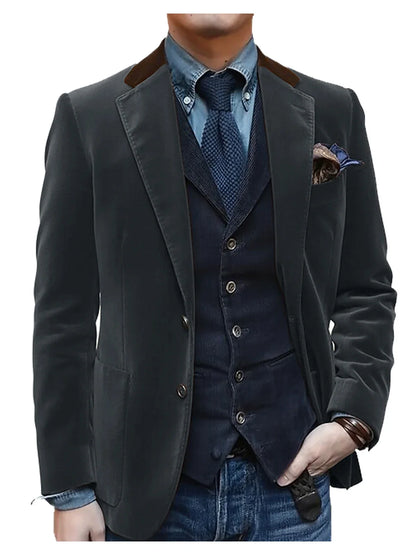 Men Velvet Blazer Contrast Brown Lapel Single Breasted Flap Pockets Smart Casual Business Streetwear Formal Outerwear