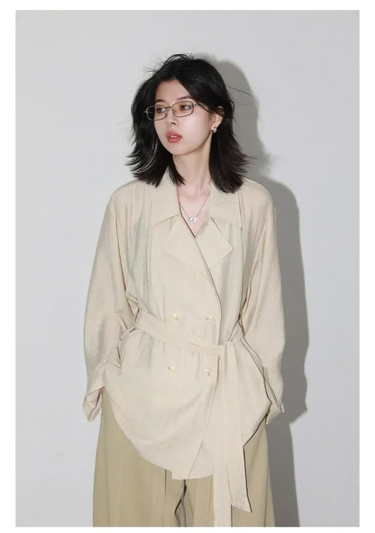 New Women Mid-length Trench Coats Loose Casual Oversized Double Breasted Office Ladies Blazer Jacket Spring Autumn