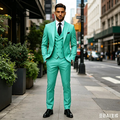 Slim Fit Green Business Mens Suits with Peaked Lapel Wedding Tuxedo Fashion Groom Outfit Jacket Vest Pants Set for Prom Party
