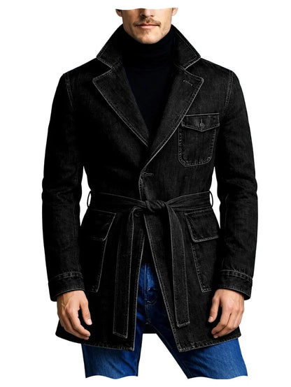 Men's Vintage Mid Length Belted Denim Trench Coat Notched Lapel Casual Workwear Outerwear Stylish Daily Streetwear Jacket