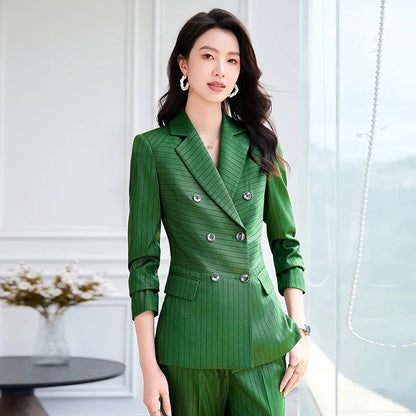 High Quality Women Navy Blue Green Pant Suit Female Button Decoration Blazer and Trouser 2 Piece Set For Office Ladies Work Wear
