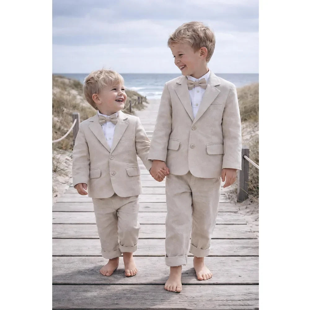 Beige Linen 2 Pieces Boys Suit Jacket Pants Kids Ring Bearer Outfit Breathable Summer Beach Wedding Birthday Party Costume
