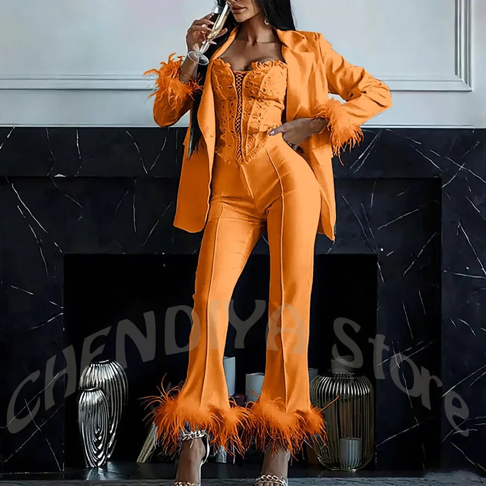 Women's Two Pieces Set Luxury 2026 Slim Fit Notch Lapel Glamorous Feather Blazer Formal Evening Party Tailored Made Outfit