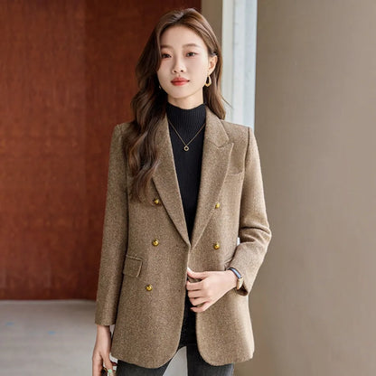Fashion Grey Blazer Women Coffee Long Sleeve Casual Jacket for Autumn Winter Female Coats Double-Breasted Suit Women’s Clothing