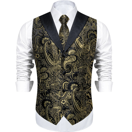 Men's Vest Set with Golden Paisley Tie Handkerchief and Cufflinks for Weddings and Formal Events