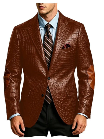 Men's Crocodile Embossed Leather Brown Jacket Patchwork Lapel Collar Slim Fit Luxury PU Blazer For Business Casual Party