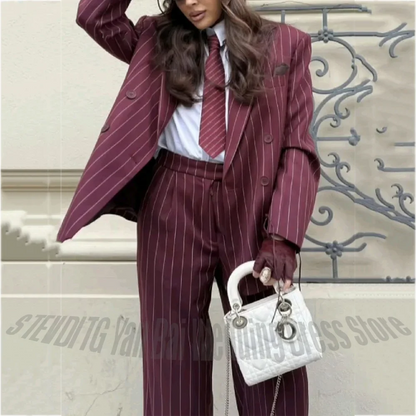 Burgundy Striped Professional Business Women Suit 2 Pieces Double Breasted Straight Peak Lapel Smart Casual Female Outfit