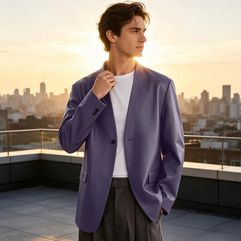 Men's PU Leather Collarless Blazer Single Button Loose Fit Jacket for Wedding Party Office