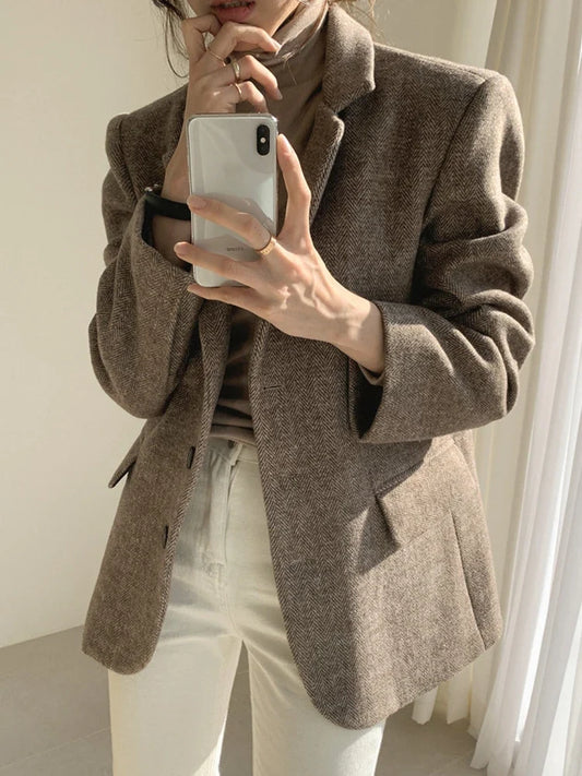 Ele Loose Midi Suit Jaet for Women Autumn Winter 2023 Vintage Sle Long Collarl Coat Commute Faion Single Color